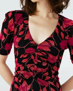 Dvf Koren Reversible Dress In Lantern Leaves Pk/Dia Cubes Pk