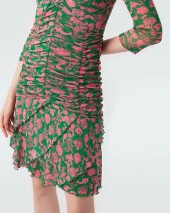 Marcelle Pleated Mesh Dress In Billiard Green Begonia Leaves