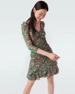 Marcelle Pleated Mesh Dress In Billiard Green Begonia Leaves